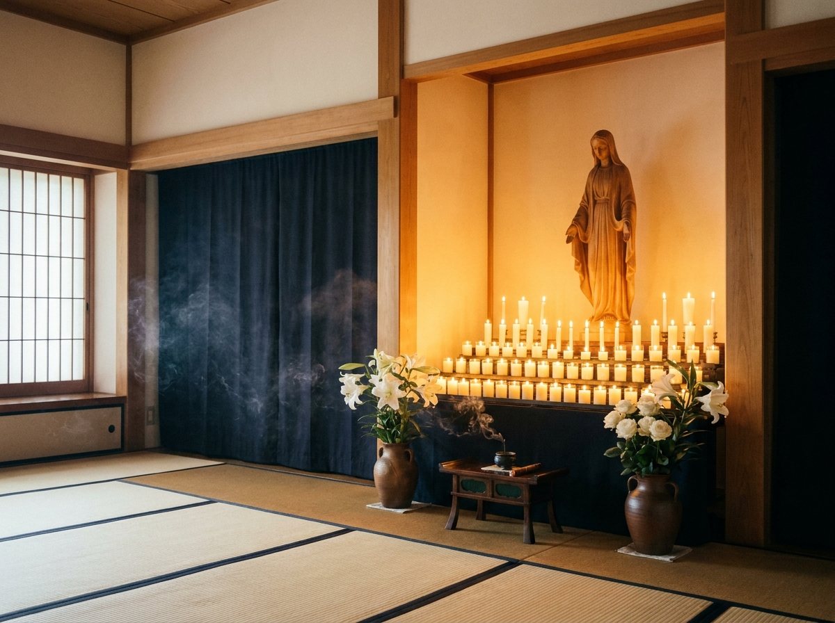 Candlelit shrine of Our Lady inside the Seitai Hoshikai convent in Akita, with lilies and incense