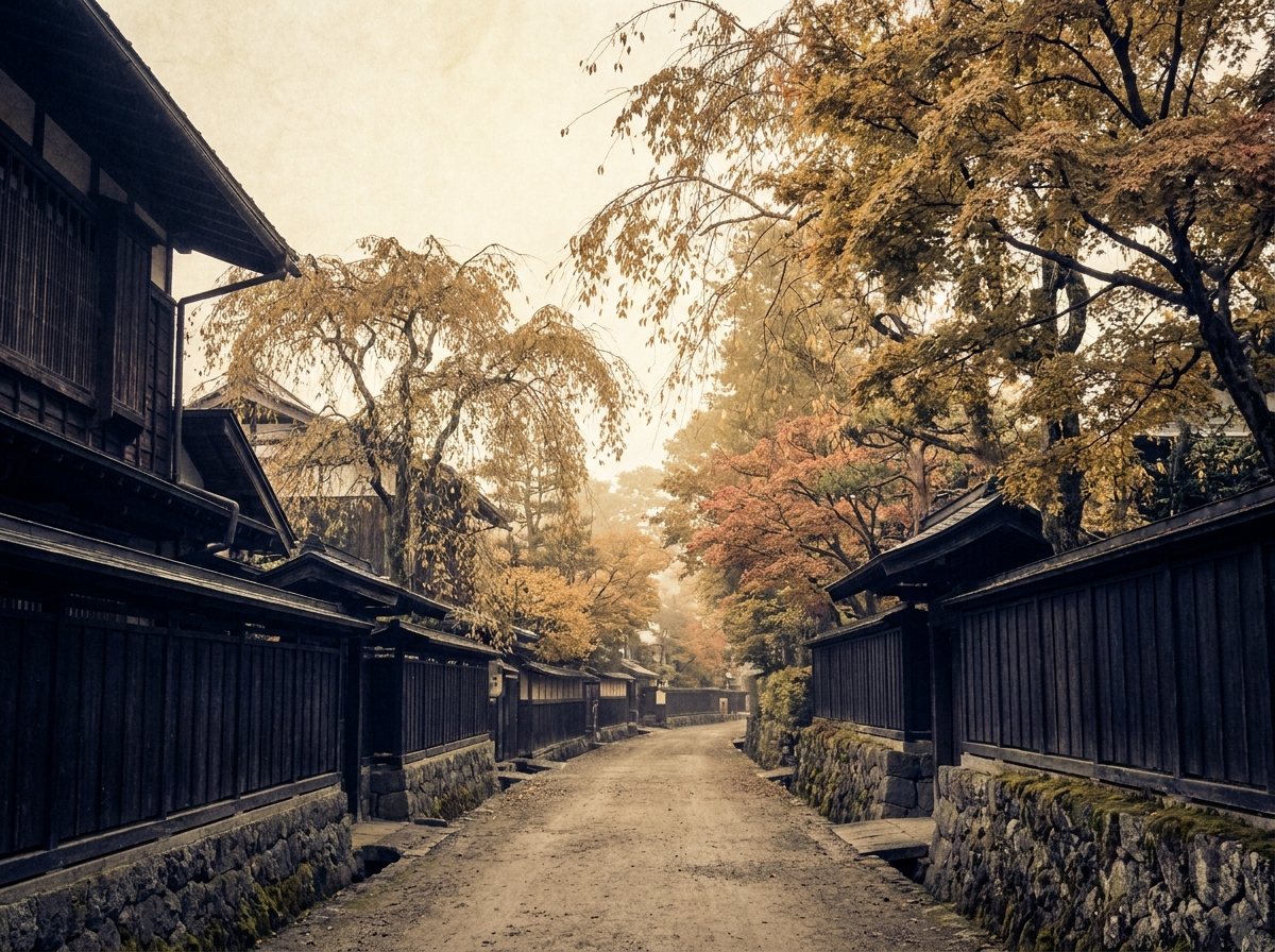 Preserved samurai street in Kakunodate lined with autumn foliage
