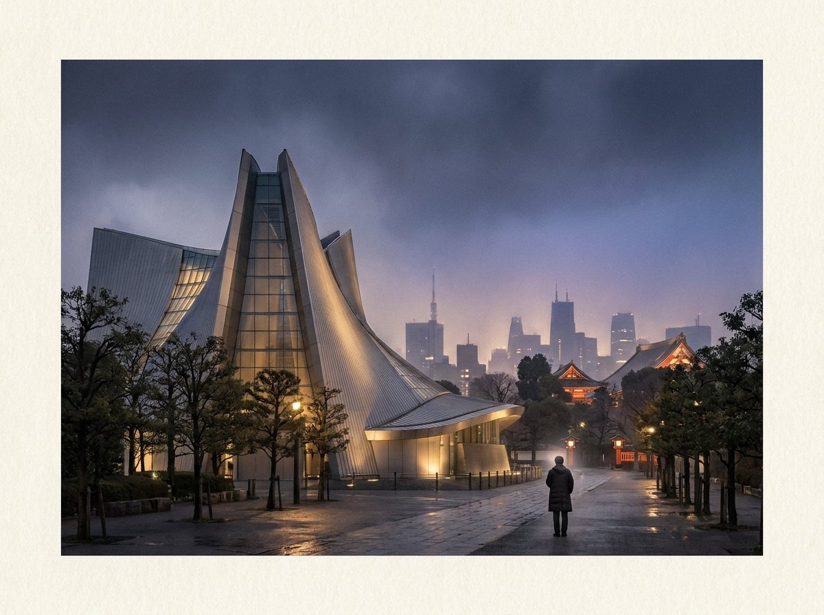 St. Mary's Cathedral in Tokyo at dusk with the city skyline behind